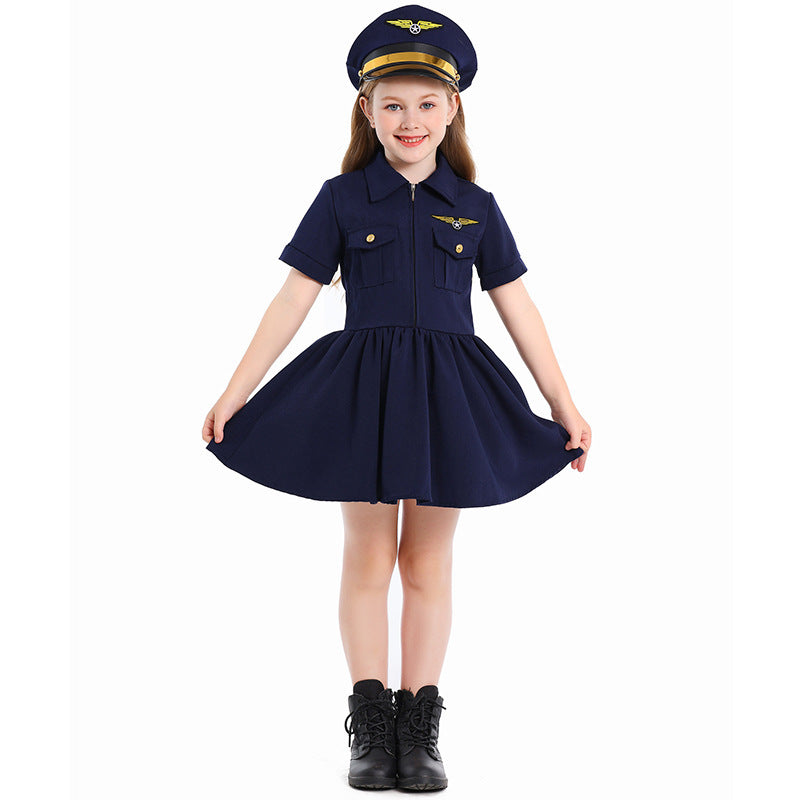 Girl wearing a navy pilot costume dress with gold wing badge and matching pilot cap - view 6
