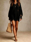 Oversized distressed ribbed knit sweater dress with frayed hem and long sleeves - view 3