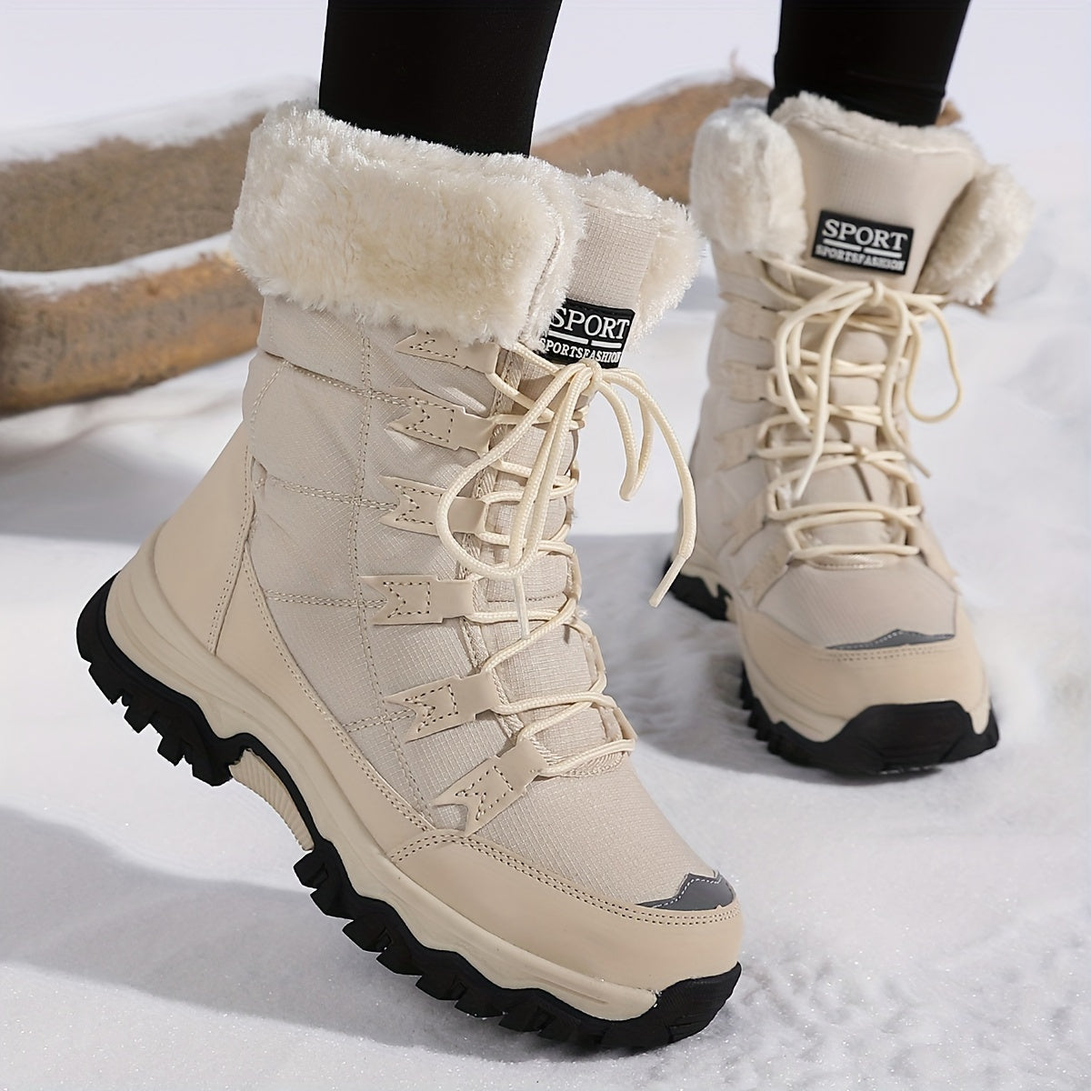 Avyra lace-up snow boots in cream beige, front view standing in fresh snow