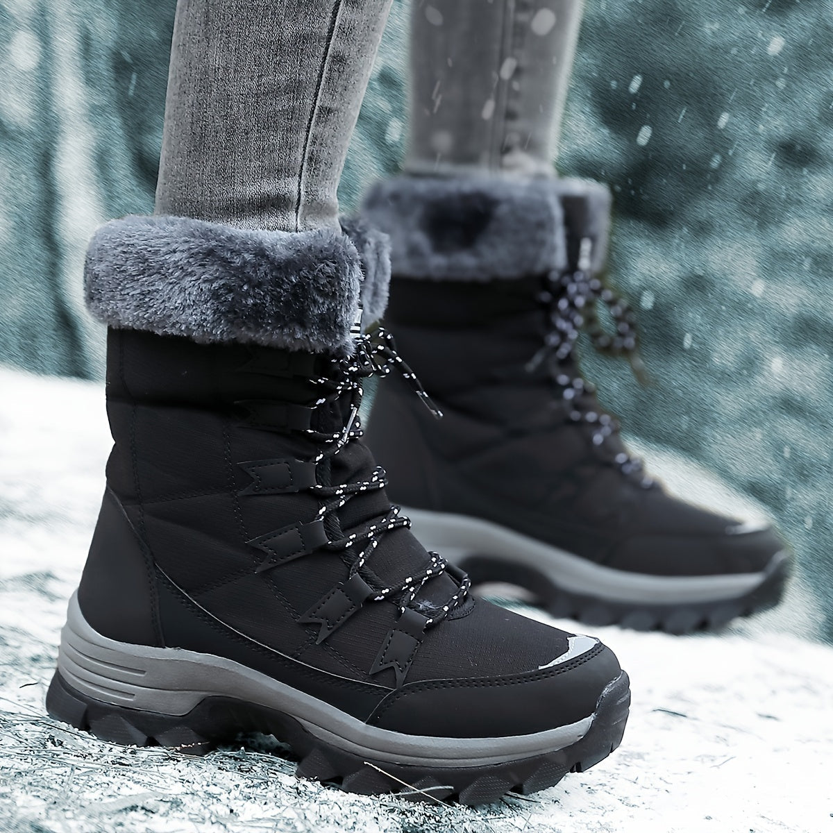 Avyra lace-up snow boots in black with grey fur cuff, side profile in the snow