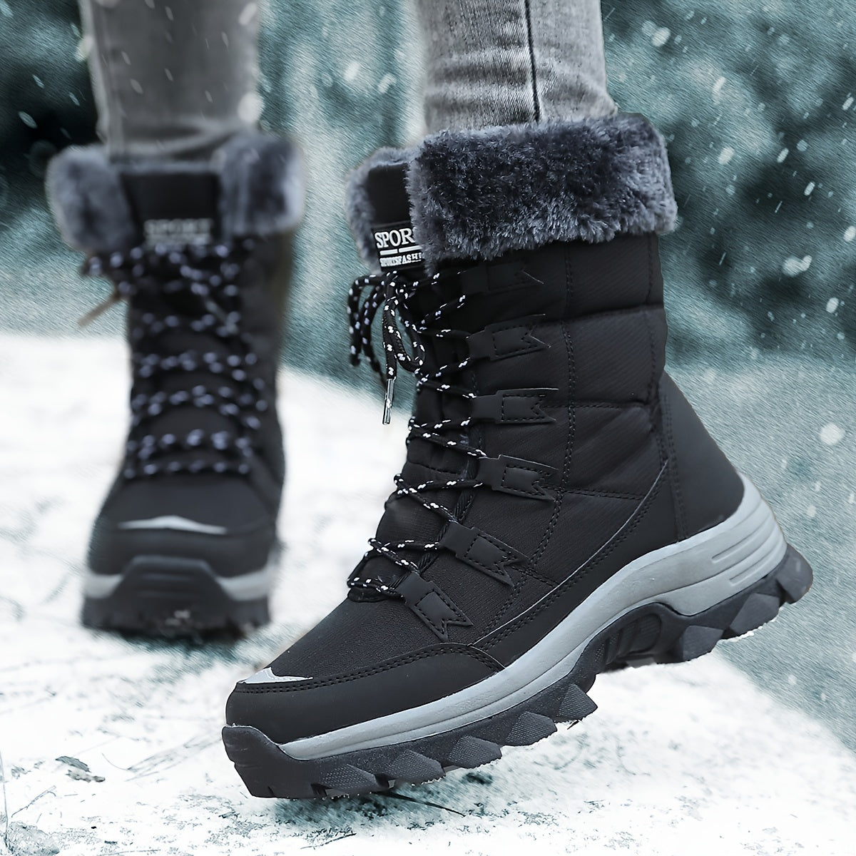 Avyra lace-up snow boots in black, mid-step view on snowy ground with jeans