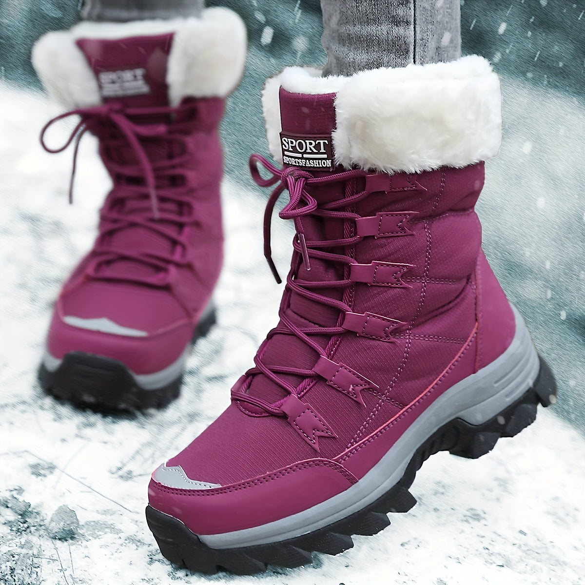 Avyra lace-up snow boots in berry purple, side view worn in falling snow