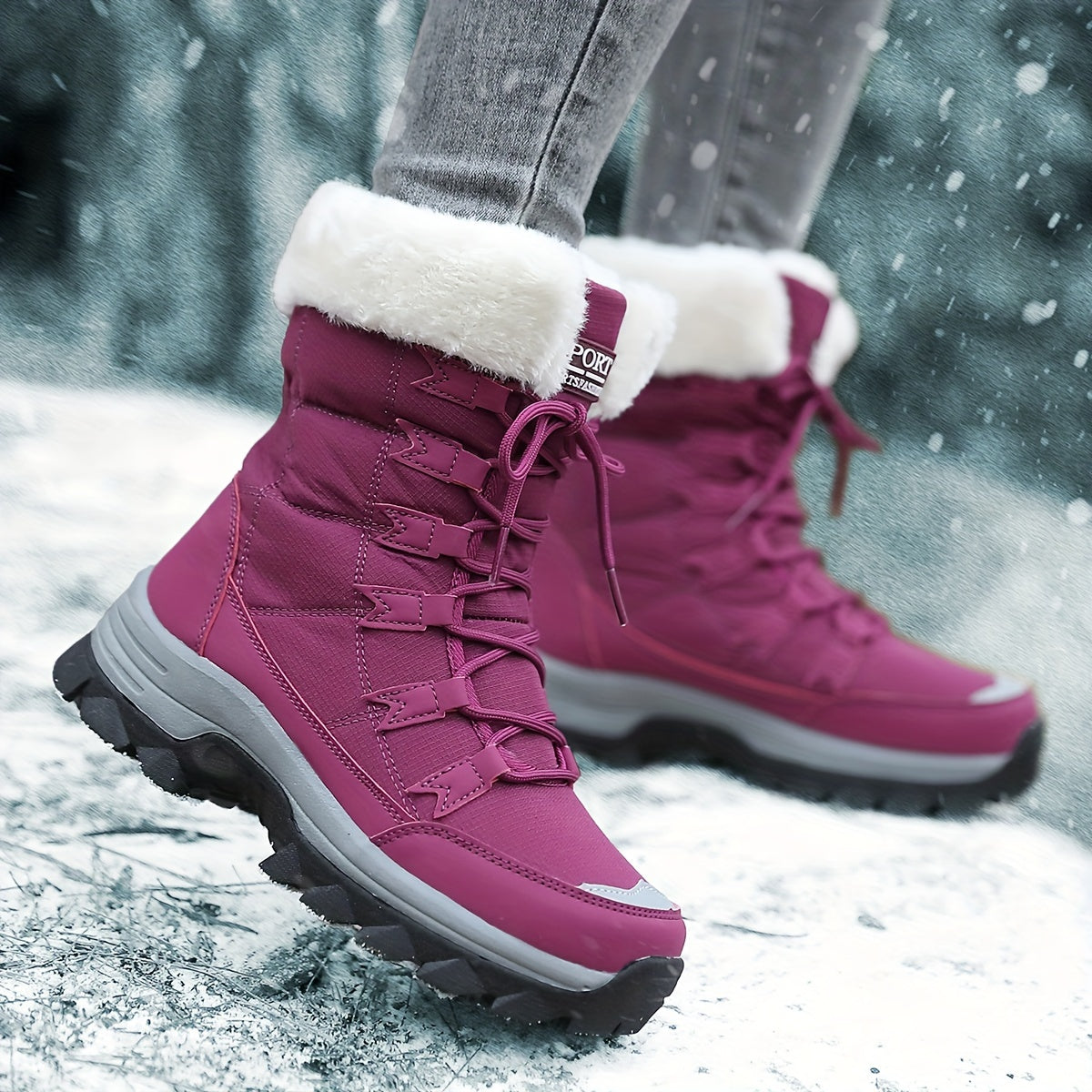 Avyra lace-up snow boots in berry purple, front view standing on packed snow