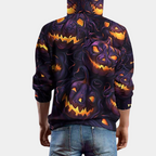 Men's purple hoodie with all-over glowing jack-o'-lantern Halloween print