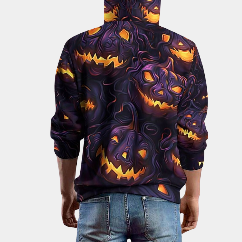 Men's purple hoodie with all-over glowing jack-o'-lantern Halloween print