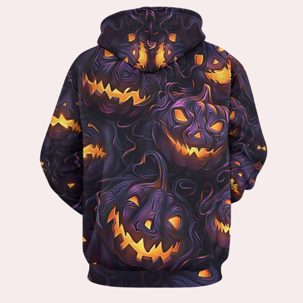 Men's purple hoodie with all-over glowing jack-o'-lantern Halloween print - view 2