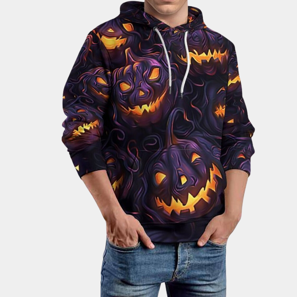 Men's purple hoodie with all-over glowing jack-o'-lantern Halloween print - view 4