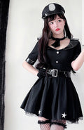Women's black police Halloween costume dress with cap, buckle belt and star-detail tulle hem