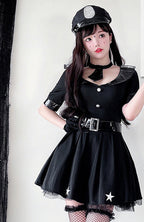 Women's black police Halloween costume dress with cap, buckle belt and star-detail tulle hem