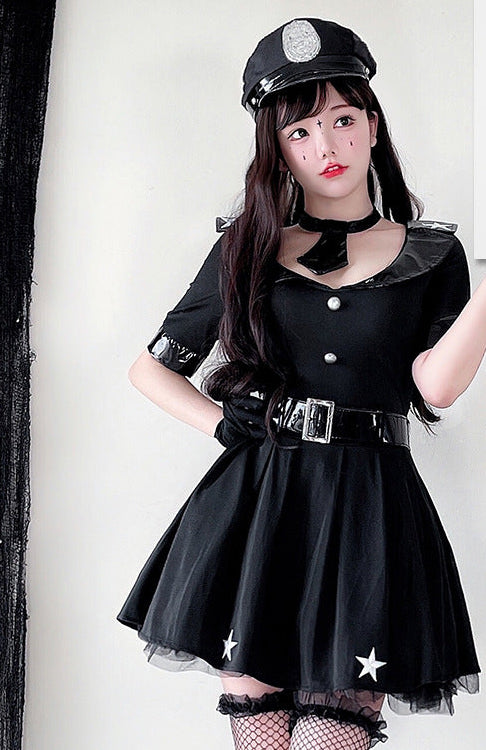 Women's black police Halloween costume dress with cap, buckle belt and star-detail tulle hem