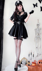 Women's black police Halloween costume dress with cap, buckle belt and star-detail tulle hem - view 2