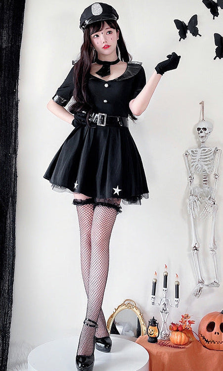 Women's black police Halloween costume dress with cap, buckle belt and star-detail tulle hem - view 2