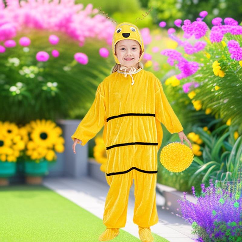 Kids yellow bee costume with black stripes, wings and antennae hat