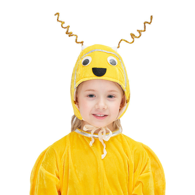 Kids yellow bee costume with black stripes, wings and antennae hat - view 2