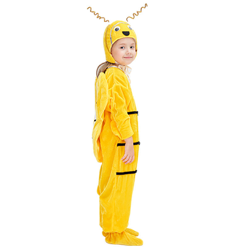 Kids yellow bee costume with black stripes, wings and antennae hat - view 3