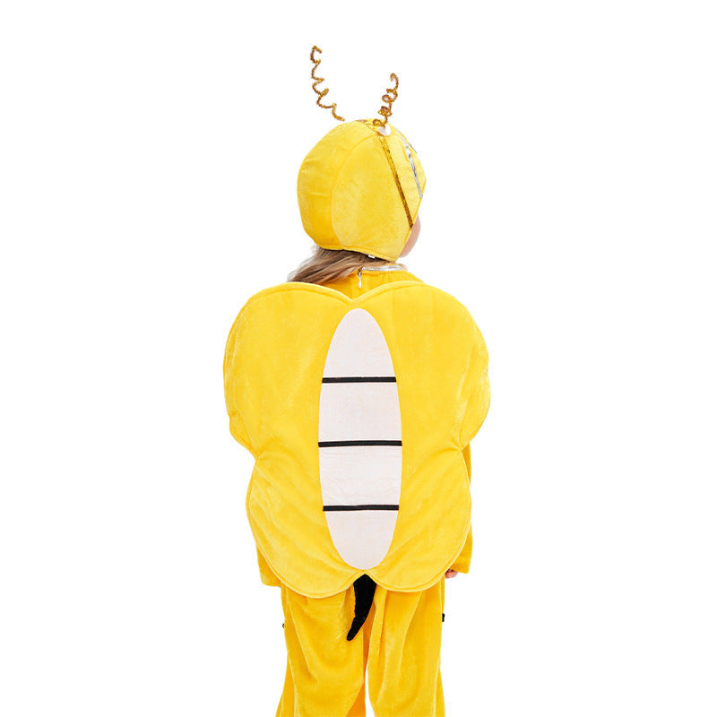 Kids yellow bee costume with black stripes, wings and antennae hat - view 4