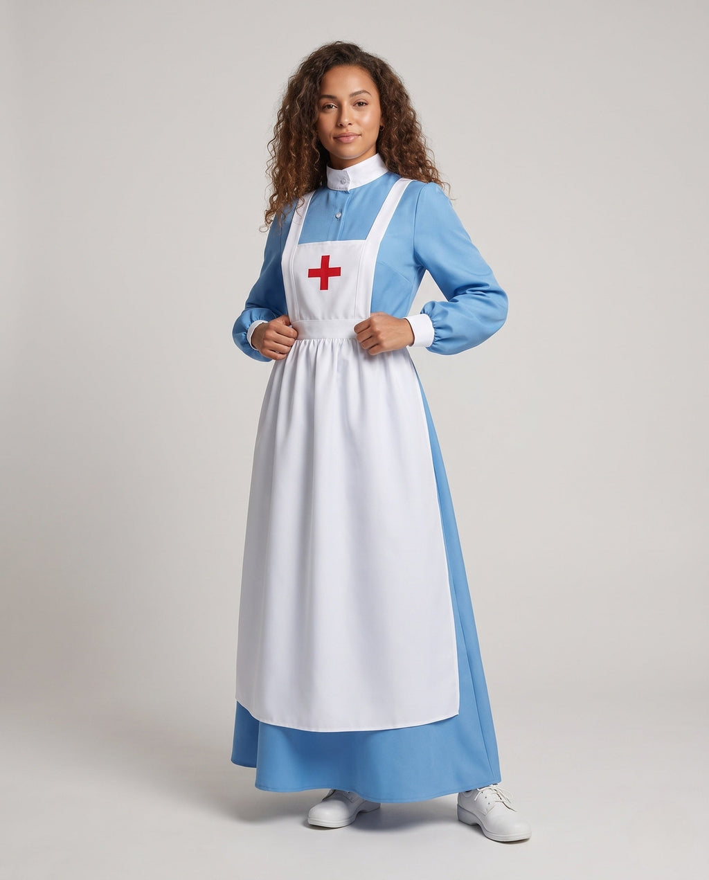 Women's vintage nurse Halloween costume, blue long-sleeve maxi dress with white apron and red cross