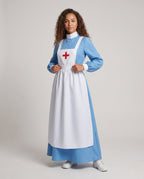 Women's vintage nurse Halloween costume, blue long-sleeve maxi dress with white apron and red cross