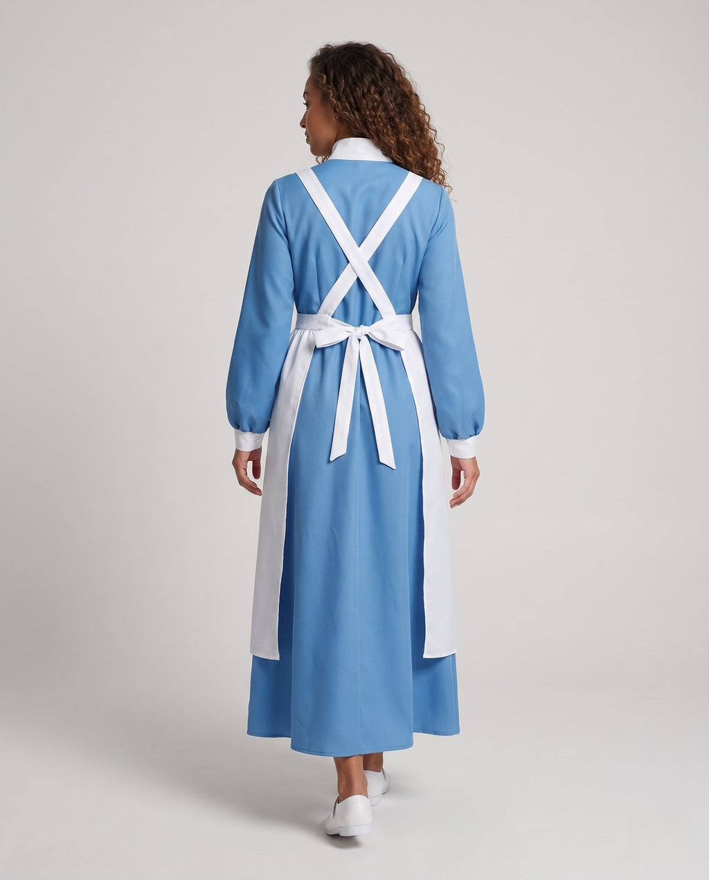 Women's vintage nurse Halloween costume, blue long-sleeve maxi dress with white apron and red cross - view 3