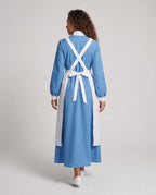 Women's vintage nurse Halloween costume, blue long-sleeve maxi dress with white apron and red cross - view 3