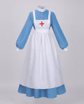 Women's vintage nurse Halloween costume, blue long-sleeve maxi dress with white apron and red cross - view 4