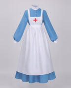 Women's vintage nurse Halloween costume, blue long-sleeve maxi dress with white apron and red cross - view 4