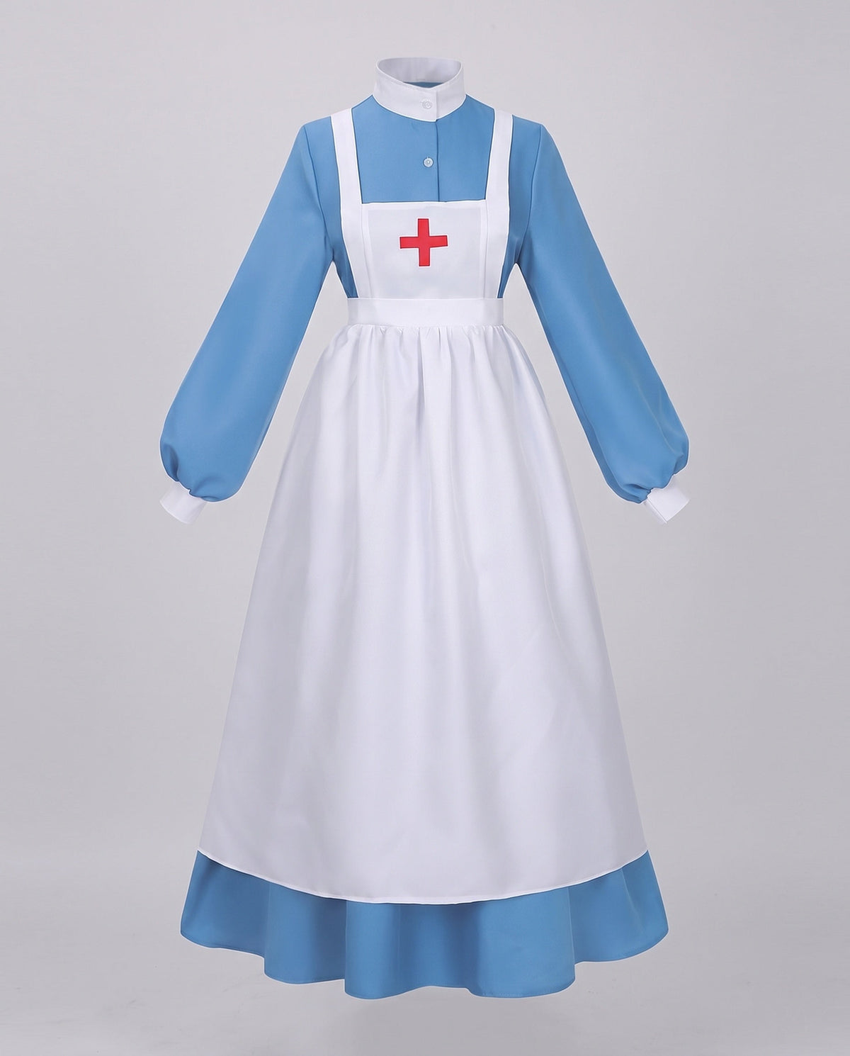 Women's vintage nurse Halloween costume, blue long-sleeve maxi dress with white apron and red cross - view 4
