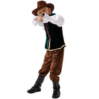 Boy wearing a cowboy Halloween costume with green velvet vest, white ruffle-sleeve shirt, brown pants and brown cowboy hat