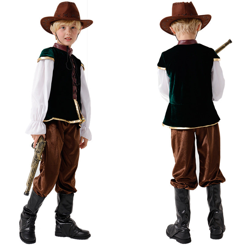 Boy wearing a cowboy Halloween costume with green velvet vest, white ruffle-sleeve shirt, brown pants and brown cowboy hat - view 2