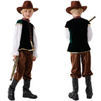 Boy wearing a cowboy Halloween costume with green velvet vest, white ruffle-sleeve shirt, brown pants and brown cowboy hat - view 2