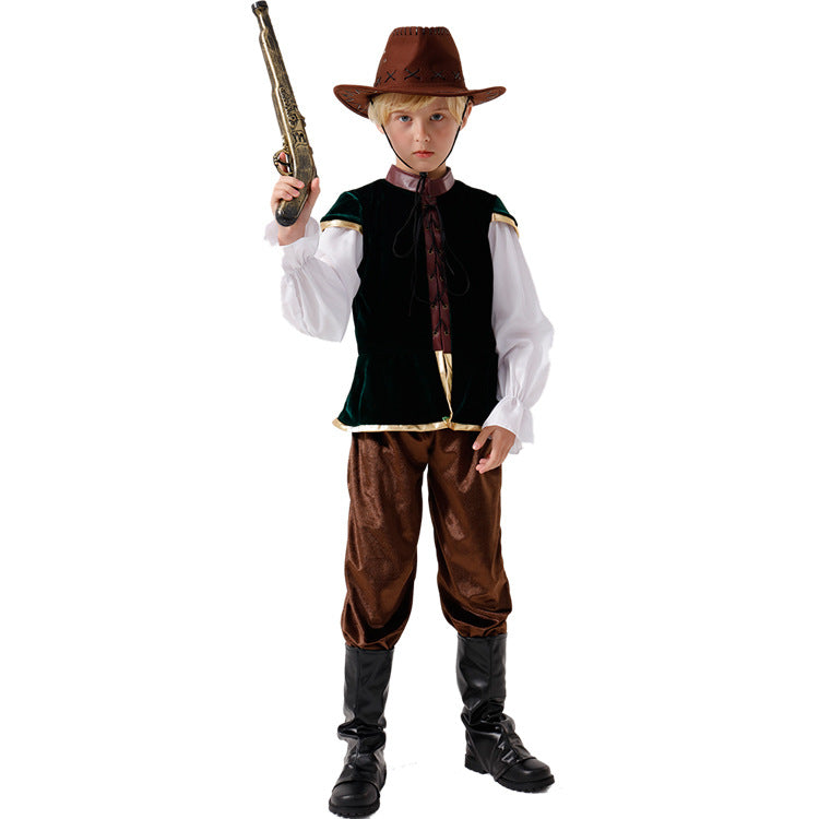 Boy wearing a cowboy Halloween costume with green velvet vest, white ruffle-sleeve shirt, brown pants and brown cowboy hat - view 3
