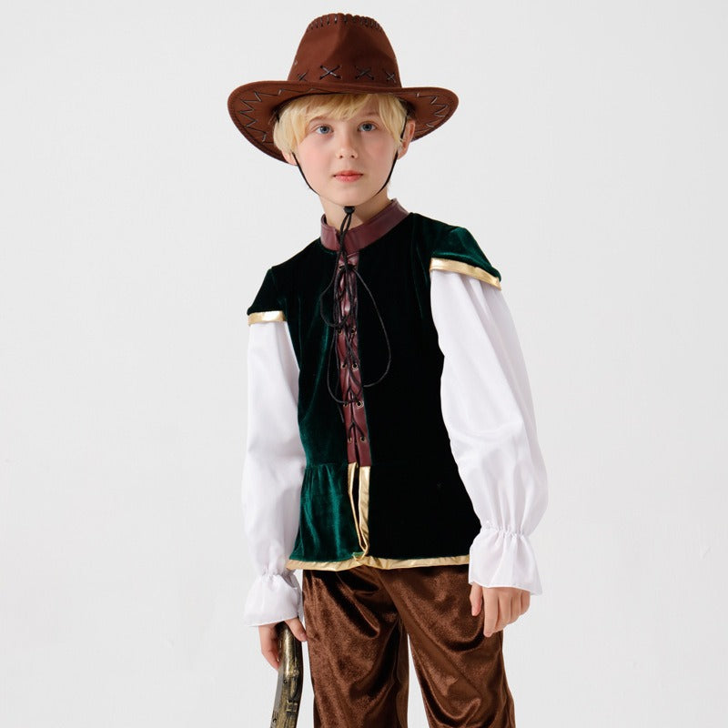Boy wearing a cowboy Halloween costume with green velvet vest, white ruffle-sleeve shirt, brown pants and brown cowboy hat - view 4