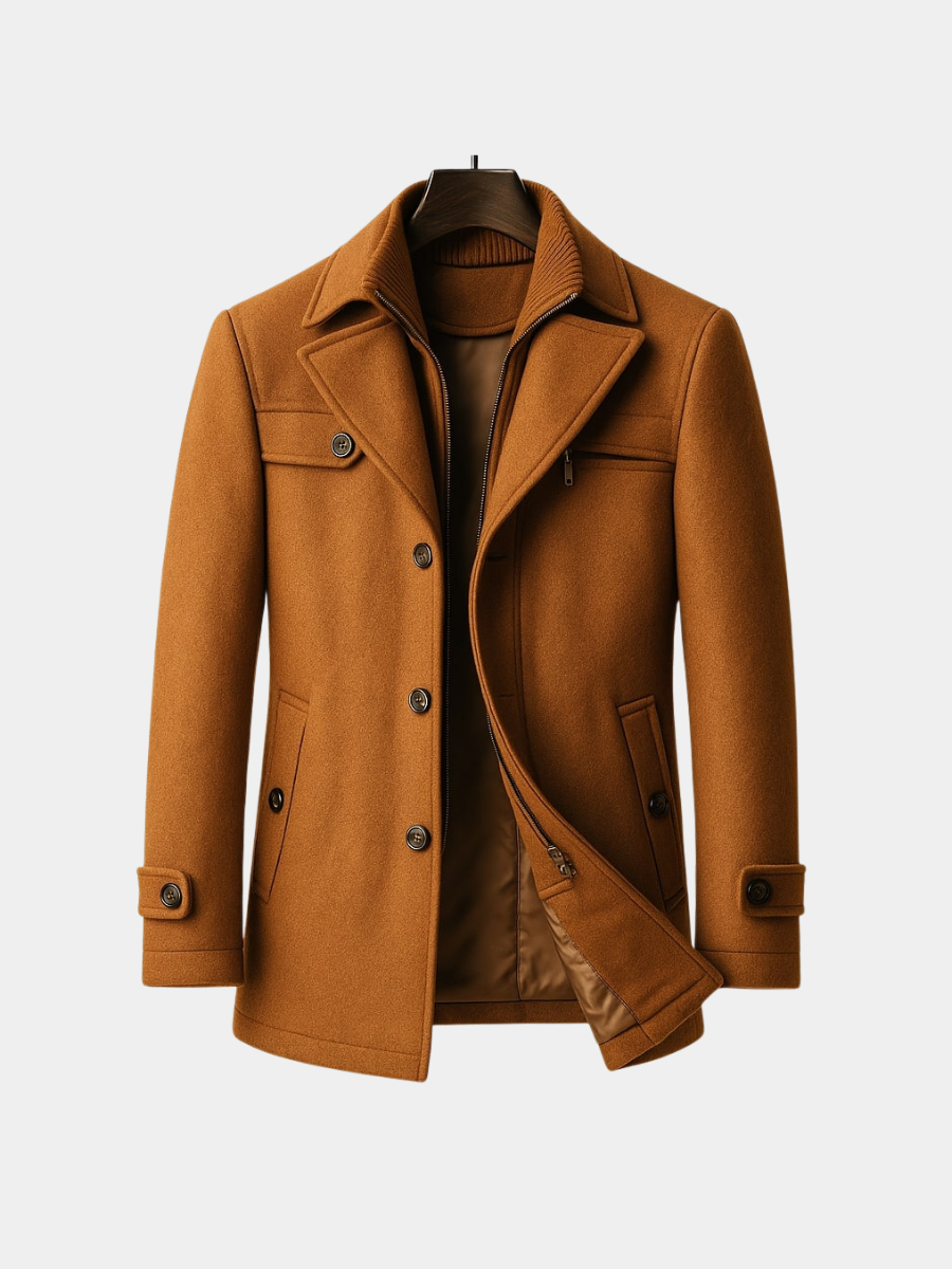 Men's tailored mid-length coat with notch lapels and ribbed knit collar insert