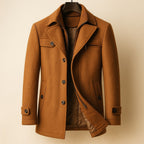 Men's tailored mid-length coat with notch lapels and ribbed knit collar insert - view 2