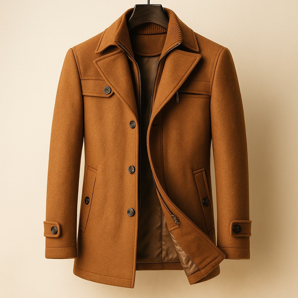 Men's tailored mid-length coat with notch lapels and ribbed knit collar insert - view 2