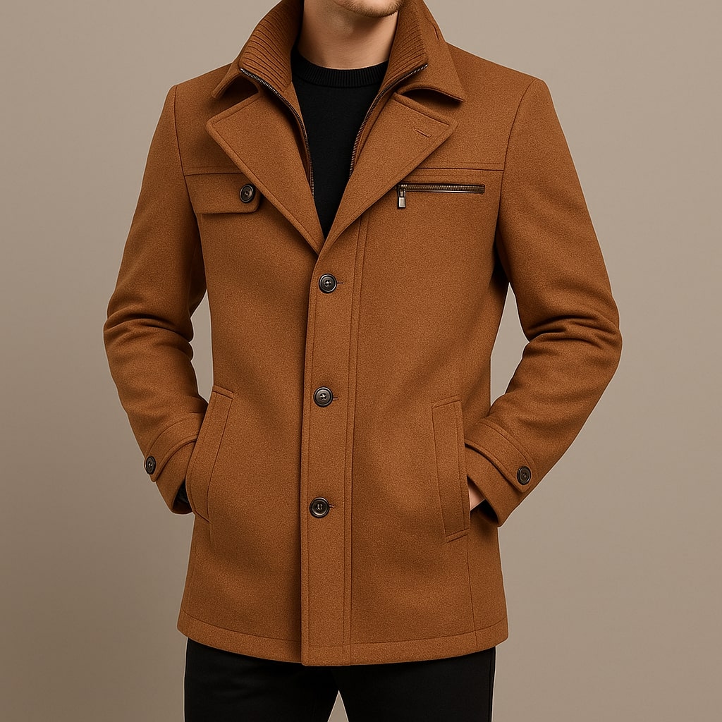 Men's tailored mid-length coat with notch lapels and ribbed knit collar insert - view 7