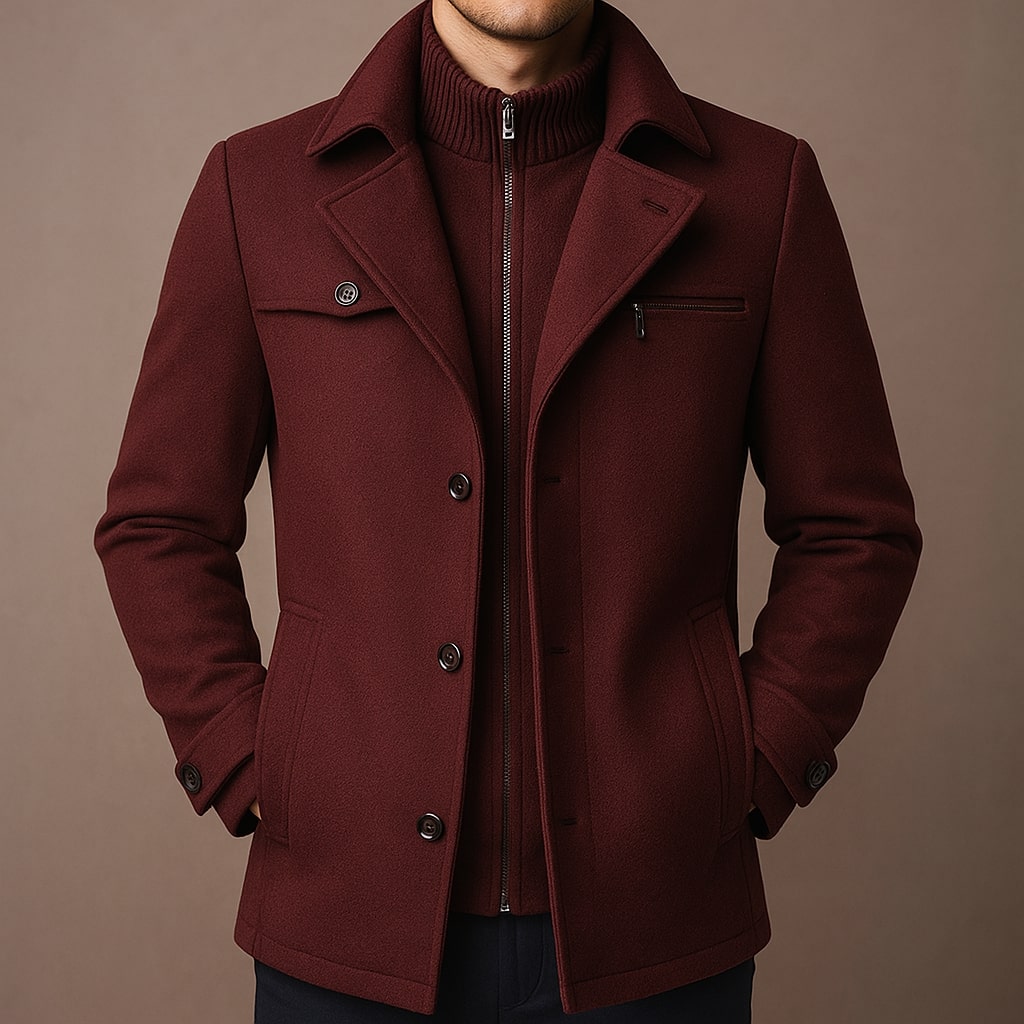 Men's tailored mid-length coat with notch lapels and ribbed knit collar insert - view 8
