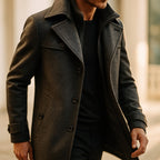 Men's tailored mid-length coat with notch lapels and ribbed knit collar insert - view 9