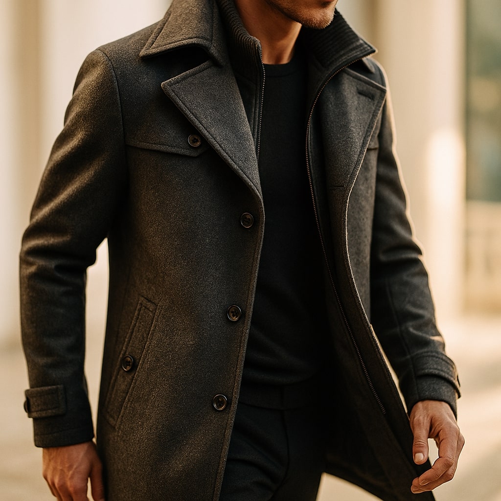 Men's tailored mid-length coat with notch lapels and ribbed knit collar insert - view 9