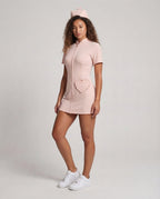 Women's nurse Halloween costume with zip-front mini dress, ruffled heart detail and matching cap