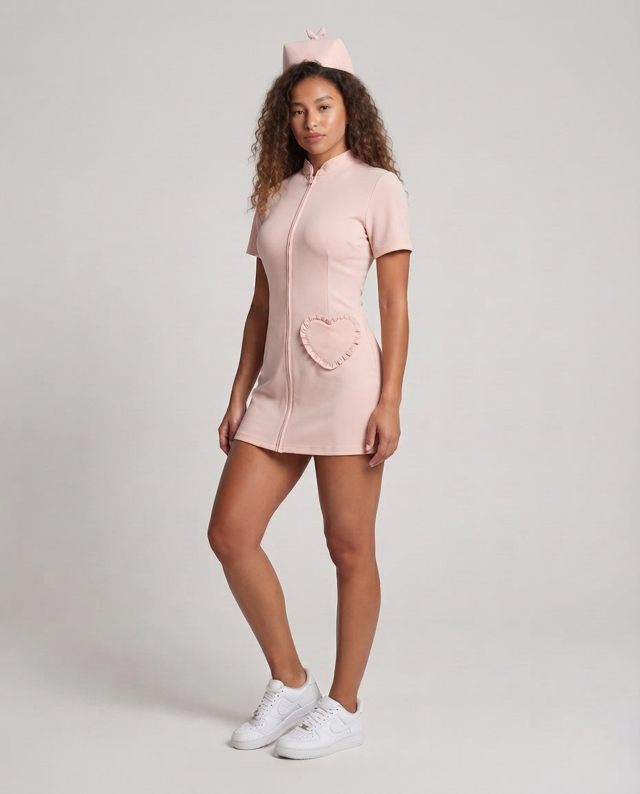 Women's nurse Halloween costume with zip-front mini dress, ruffled heart detail and matching cap