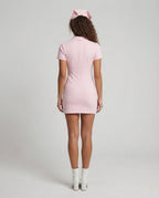 Women's nurse Halloween costume with zip-front mini dress, ruffled heart detail and matching cap - view 3