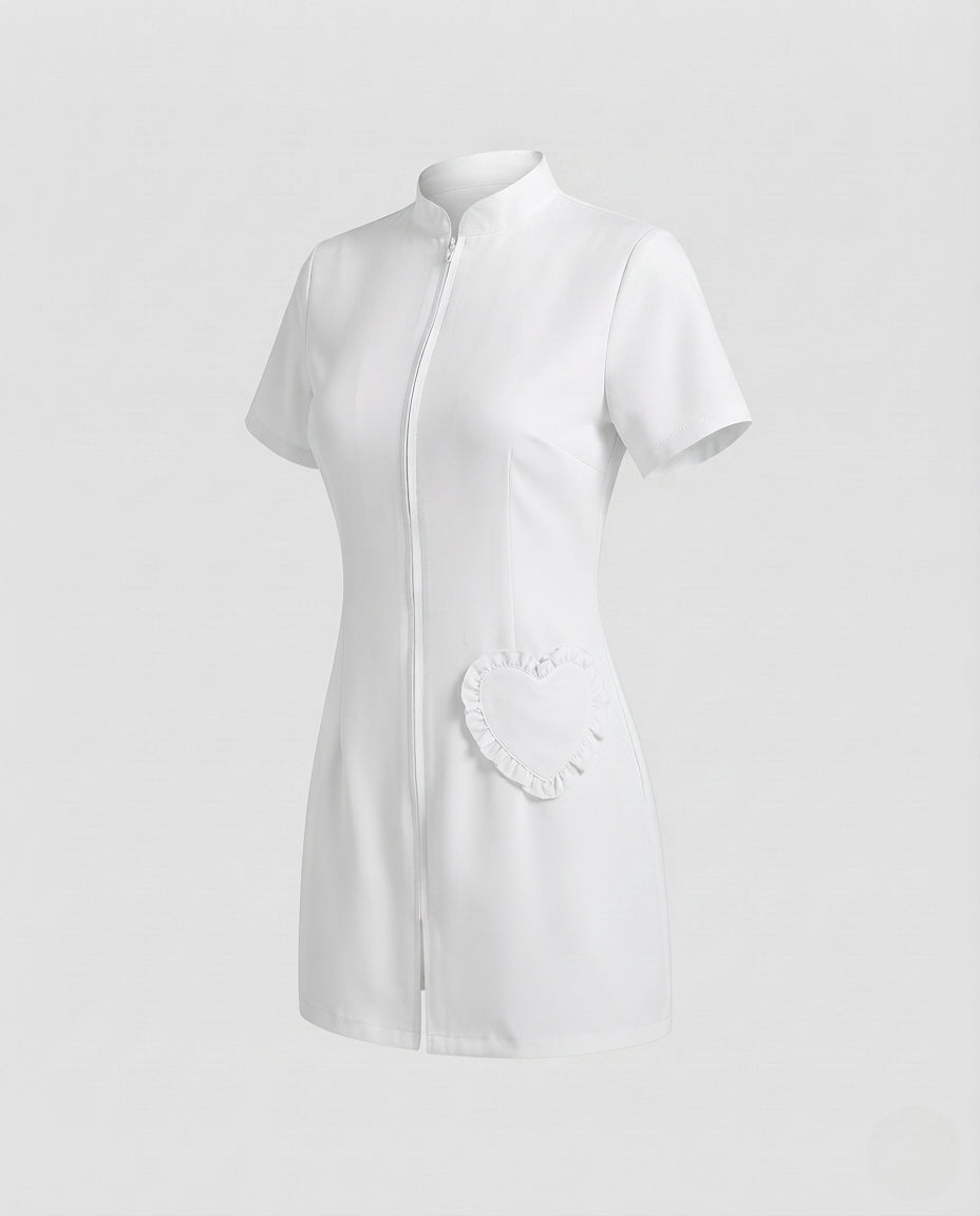 Women's nurse Halloween costume with zip-front mini dress, ruffled heart detail and matching cap - view 6