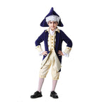 Boys colonial Halloween costume with navy tailcoat, cream vest front, knee breeches and tricorn hat