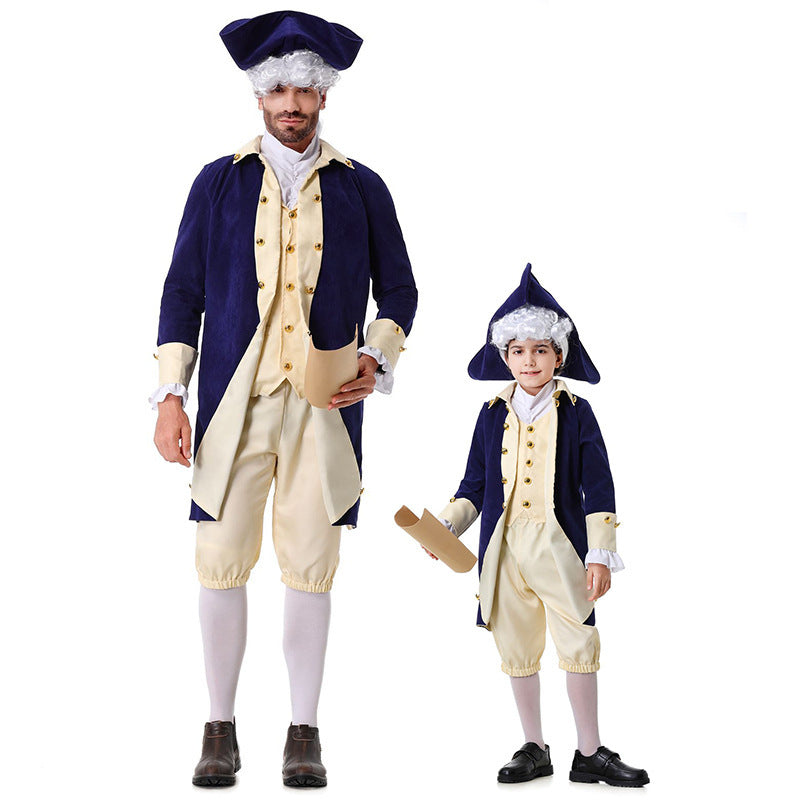 Boys colonial Halloween costume with navy tailcoat, cream vest front, knee breeches and tricorn hat - view 2