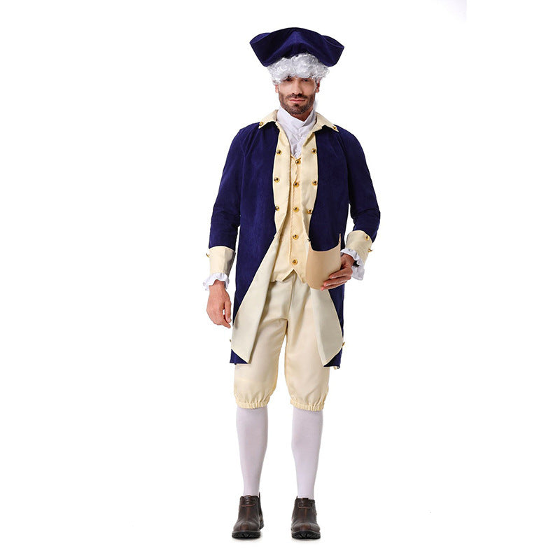 Boys colonial Halloween costume with navy tailcoat, cream vest front, knee breeches and tricorn hat - view 3