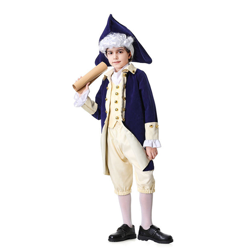 Boys colonial Halloween costume with navy tailcoat, cream vest front, knee breeches and tricorn hat - view 4
