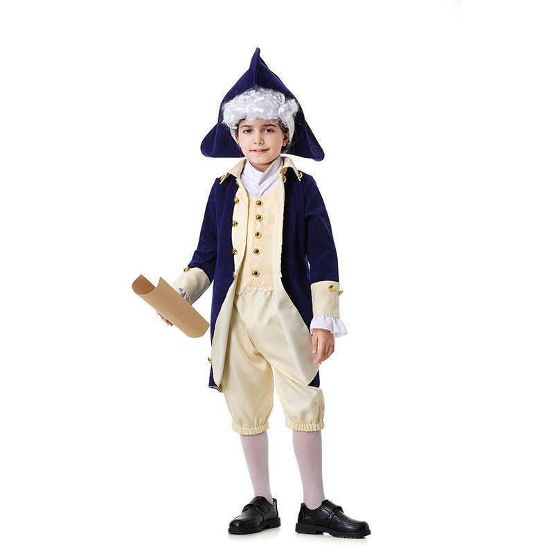 Boys colonial Halloween costume with navy tailcoat, cream vest front, knee breeches and tricorn hat - view 7