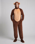 Men's brown plush monkey Halloween costume with ear hood, tan belly panel and tail