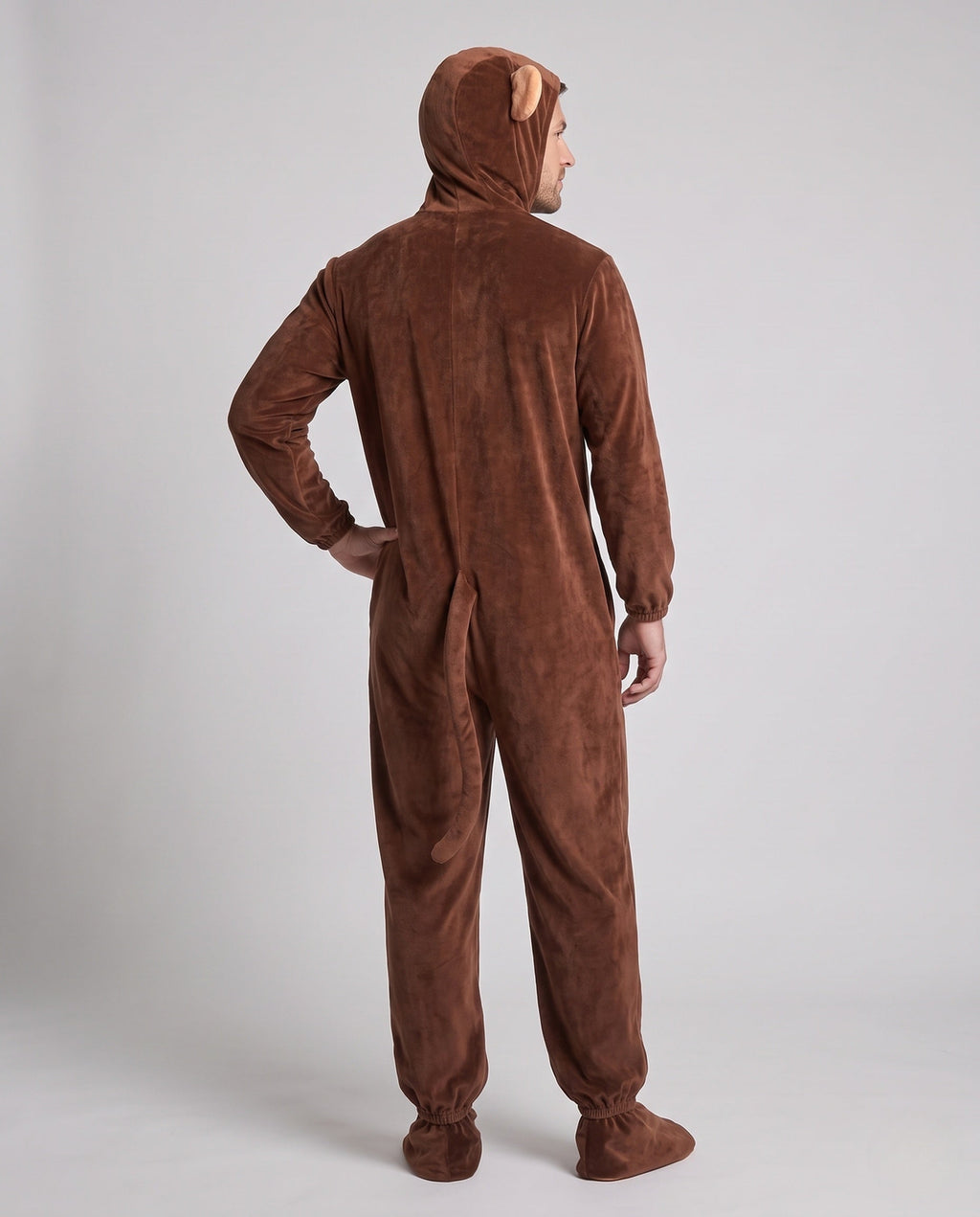 Men's brown plush monkey Halloween costume with ear hood, tan belly panel and tail - view 3